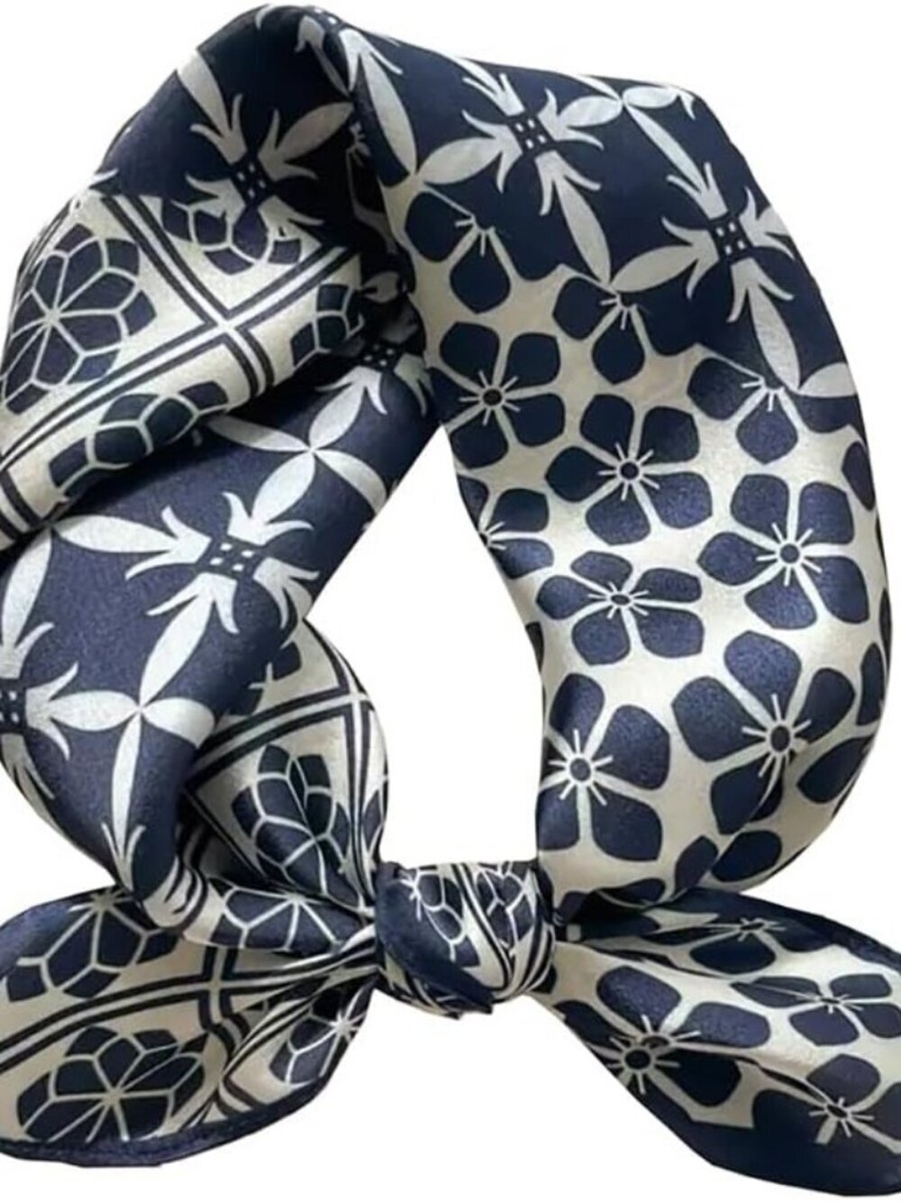 Women's Nvay Blue Cream White Scarf for Hair Digital Printed Headscarf Silk